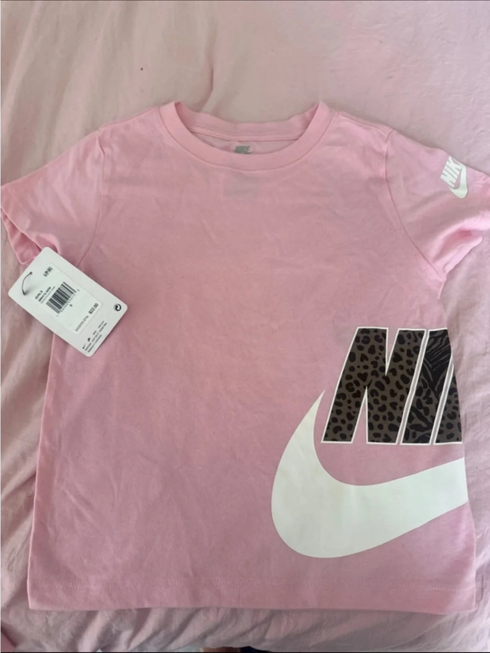 Nike Pink Tee with White Swoosh and Leopard Print Detail